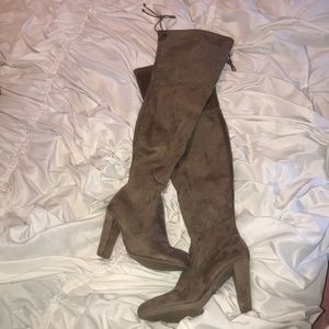 Over the knee tan suede heel boots